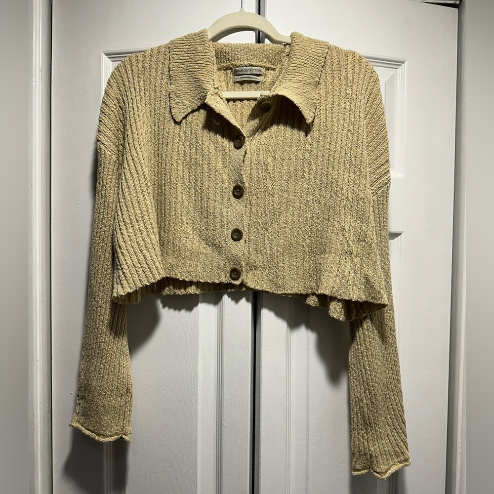Urban Outfitters Beige Cropped Button-Up Sweater, size: S